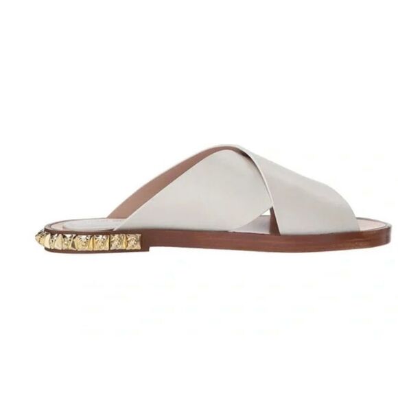 Stuart Weitzman White Sandals with Gold Accents - Picture 12 of 14